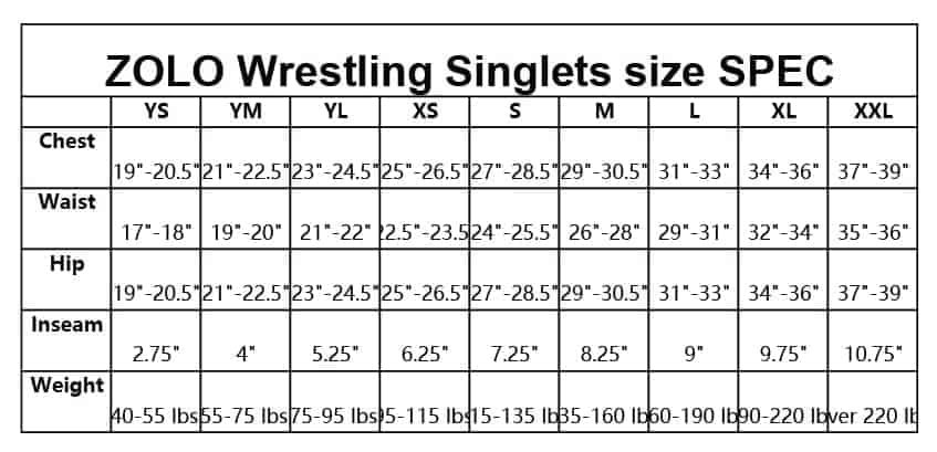 wrestling size spec